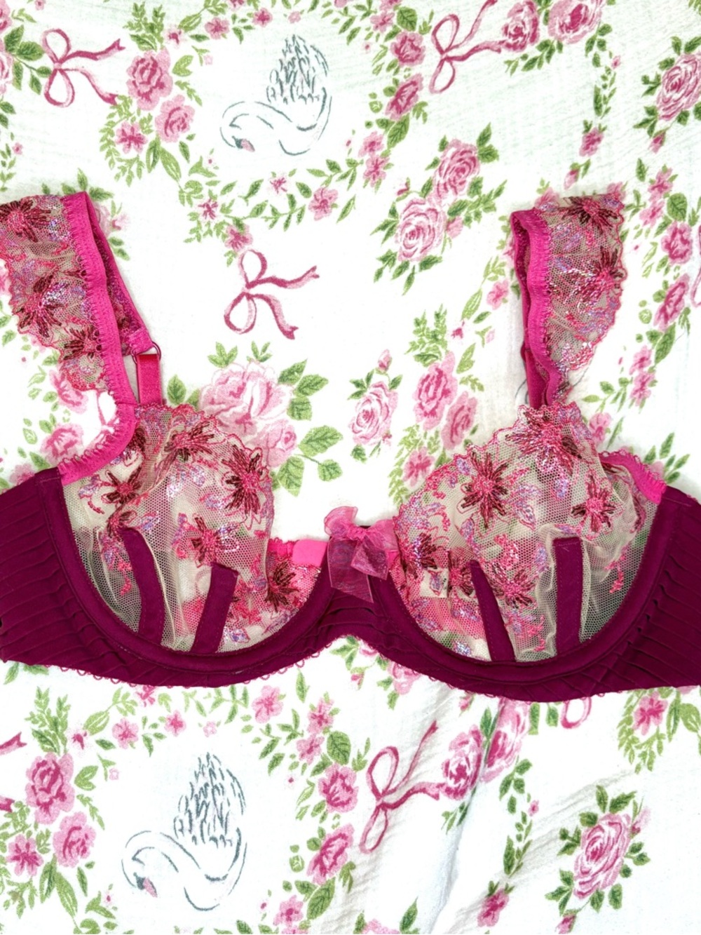 🩷🍋 LOVE & LEMONS NWOT Berry Pink Sheer Bra Coquette Romantic Embroidered Sz XS